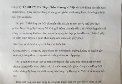 Công Ty TNHH TM DV Thực Phẩm Hương Vị Việt xin gửi thông báo đến Quý khách hàng